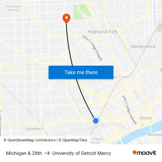 Michigan & 28th to University of Detroit Mercy map