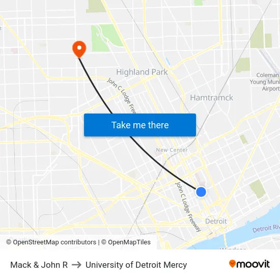 Mack & John R to University of Detroit Mercy map