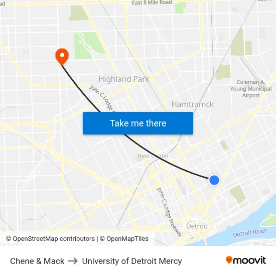 Chene & Mack to University of Detroit Mercy map