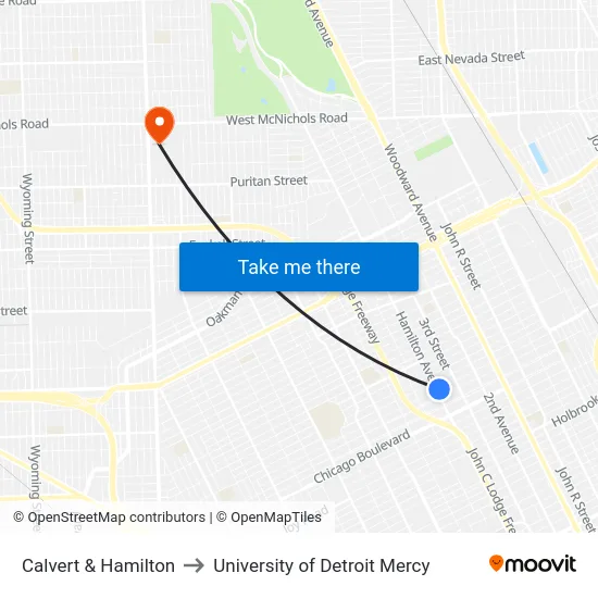 Calvert & Hamilton to University of Detroit Mercy map