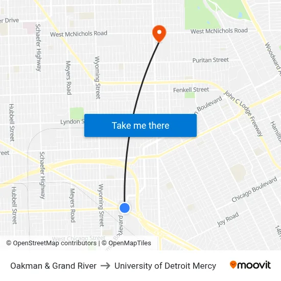 Oakman & Grand River to University of Detroit Mercy map