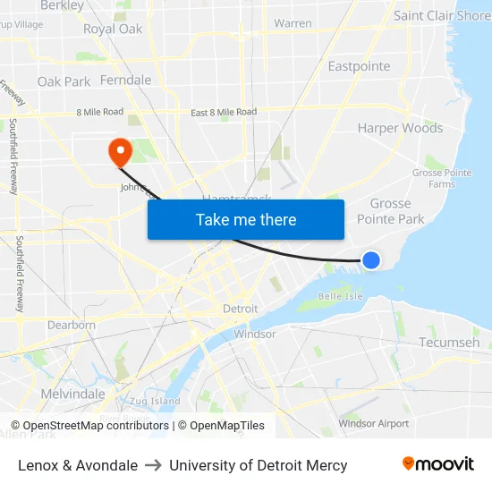 Lenox & Avondale to University of Detroit Mercy map