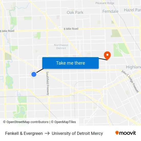 Fenkell & Evergreen to University of Detroit Mercy map