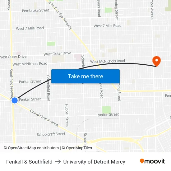 Fenkell & Southfield to University of Detroit Mercy map