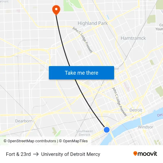 Fort & 23rd to University of Detroit Mercy map
