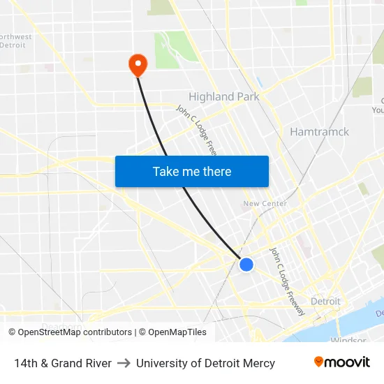 14th & Grand River to University of Detroit Mercy map
