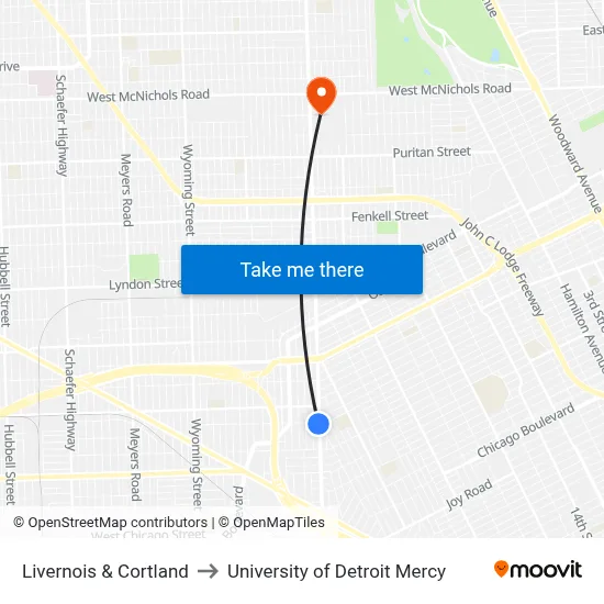 Livernois & Cortland to University of Detroit Mercy map