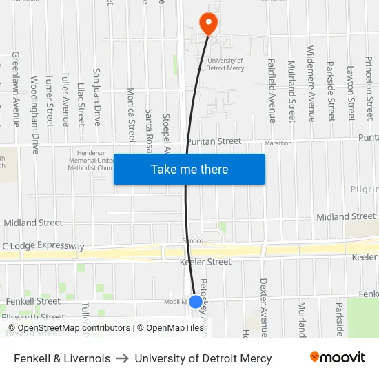 Fenkell & Livernois to University of Detroit Mercy map