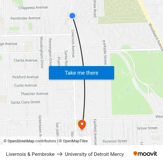Livernois & Pembroke to University of Detroit Mercy map