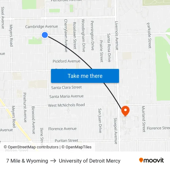 7 Mile & Wyoming to University of Detroit Mercy map