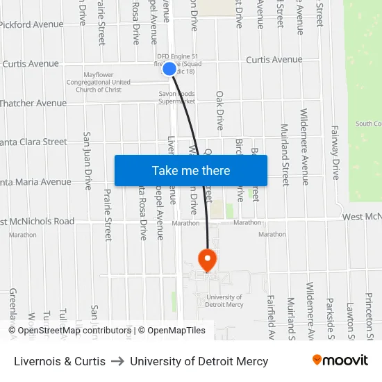 Livernois & Curtis to University of Detroit Mercy map