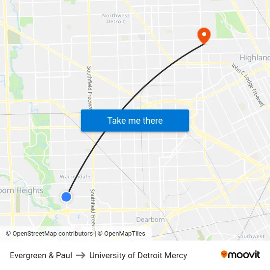 Evergreen & Paul to University of Detroit Mercy map
