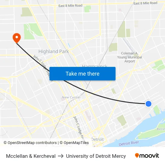 Mcclellan & Kercheval to University of Detroit Mercy map