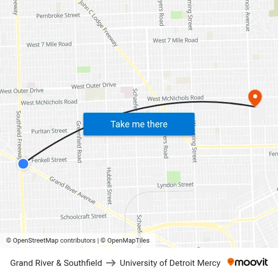 Grand River & Southfield to University of Detroit Mercy map