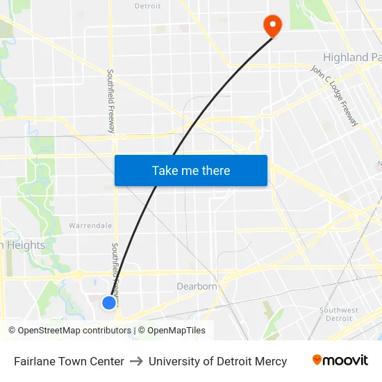 Fairlane Town Center to University of Detroit Mercy map
