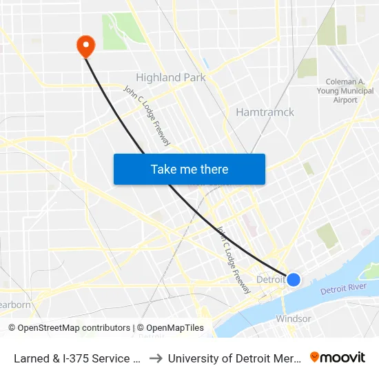 Larned & I-375 Service Dr to University of Detroit Mercy map