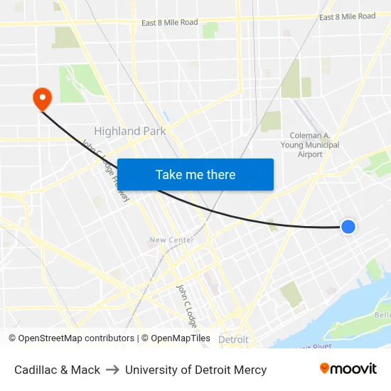 Cadillac & Mack to University of Detroit Mercy map