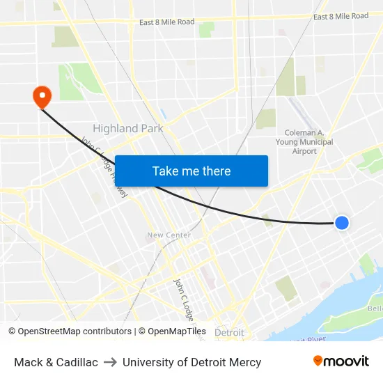 Mack & Cadillac to University of Detroit Mercy map