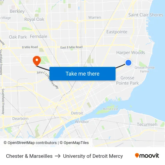 Chester & Marseilles to University of Detroit Mercy map