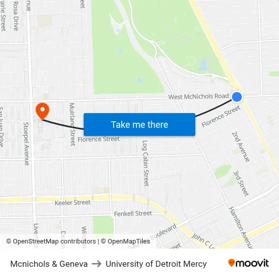 Mcnichols & Geneva to University of Detroit Mercy map