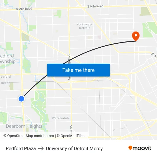 Redford Plaza to University of Detroit Mercy map
