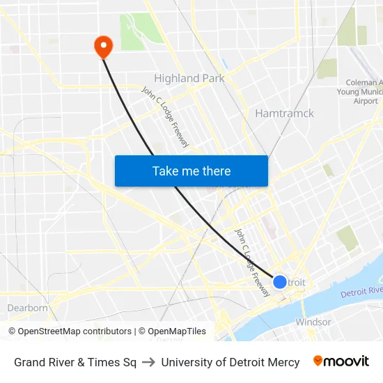 Grand River & Times Sq to University of Detroit Mercy map