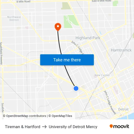 Tireman & Hartford to University of Detroit Mercy map