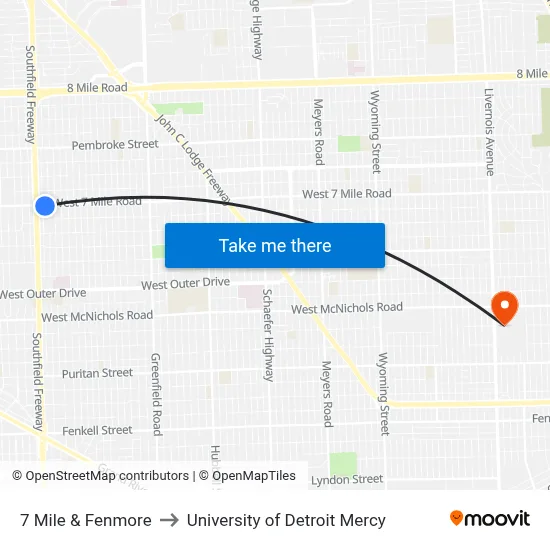 7 Mile & Fenmore to University of Detroit Mercy map