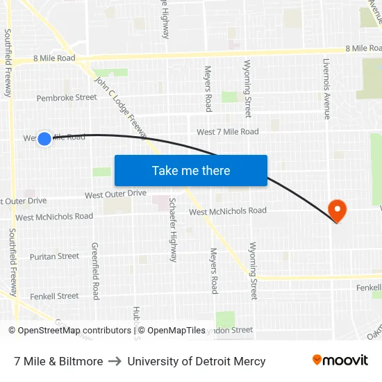 7 Mile & Biltmore to University of Detroit Mercy map