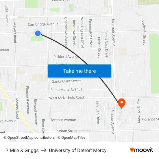 7 Mile & Griggs to University of Detroit Mercy map