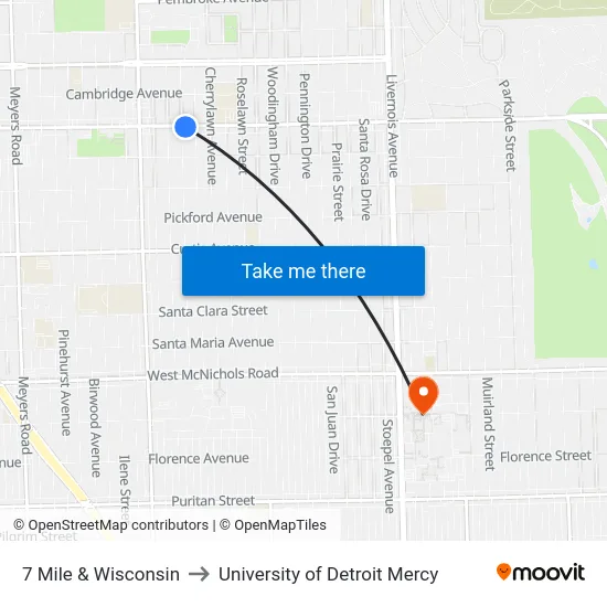 7 Mile & Wisconsin to University of Detroit Mercy map