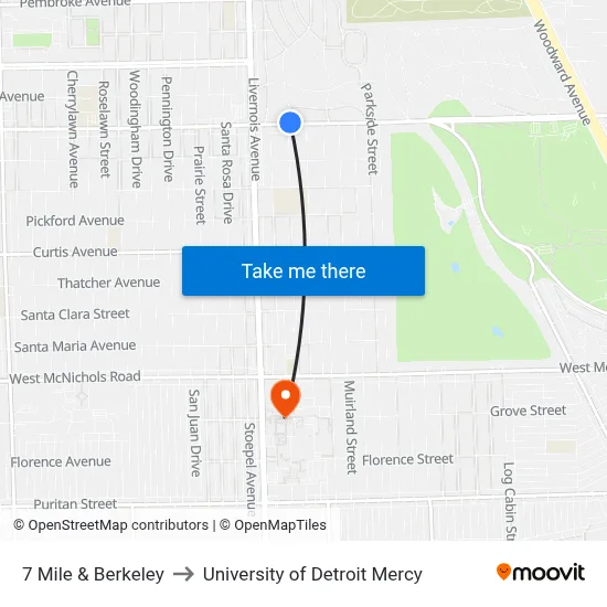 7 Mile & Berkeley to University of Detroit Mercy map