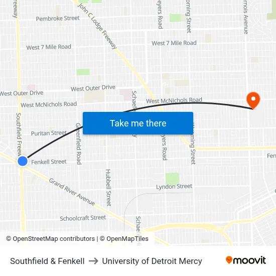 Southfield & Fenkell to University of Detroit Mercy map