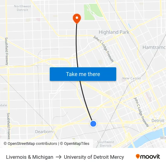 Livernois & Michigan to University of Detroit Mercy map