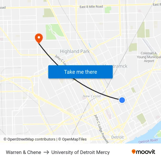 Warren & Chene to University of Detroit Mercy map