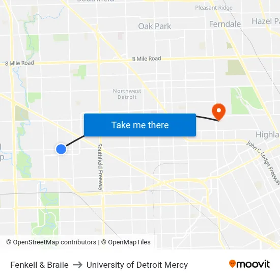 Fenkell & Braile to University of Detroit Mercy map