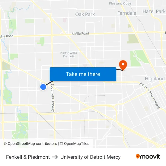 Fenkell & Piedmont to University of Detroit Mercy map