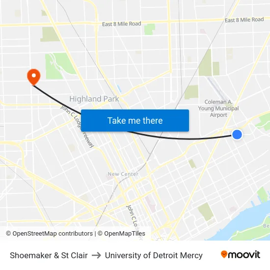 Shoemaker & St Clair to University of Detroit Mercy map