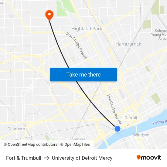 Fort & Trumbull to University of Detroit Mercy map