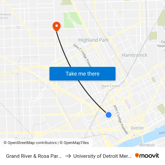 Grand River & Rosa Parks to University of Detroit Mercy map