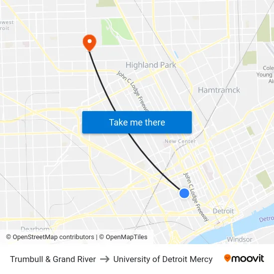 Trumbull & Grand River to University of Detroit Mercy map