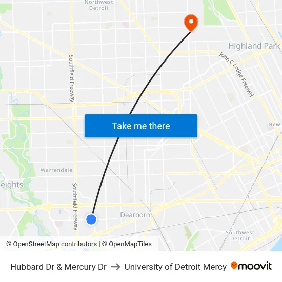 Hubbard Dr & Mercury Dr to University of Detroit Mercy map