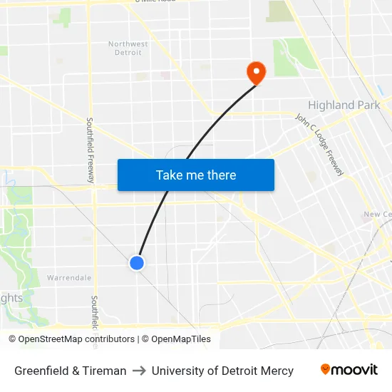 Greenfield & Tireman to University of Detroit Mercy map