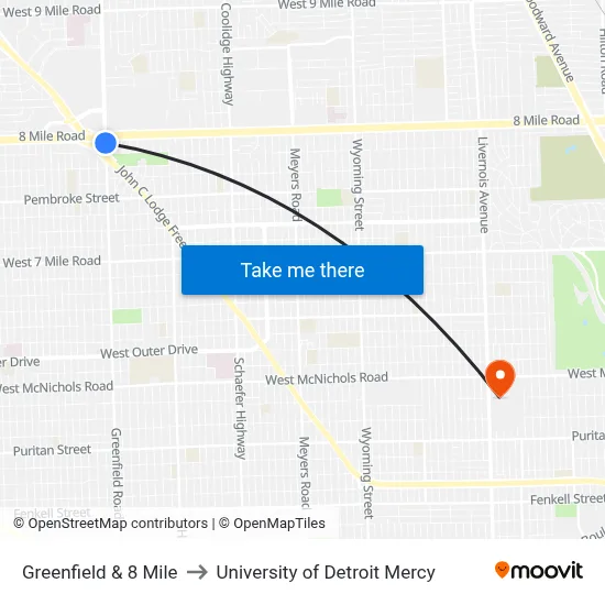 Greenfield & 8 Mile to University of Detroit Mercy map