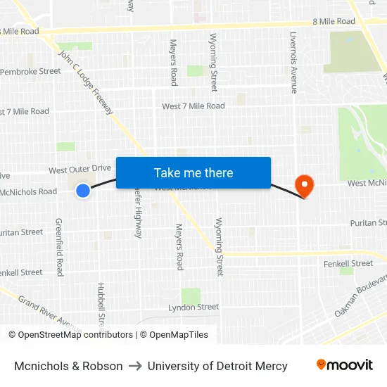 Mcnichols & Robson to University of Detroit Mercy map