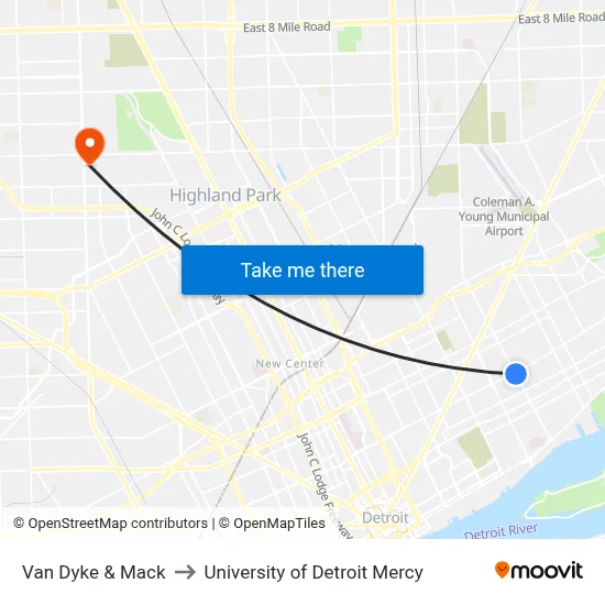 Van Dyke & Mack to University of Detroit Mercy map