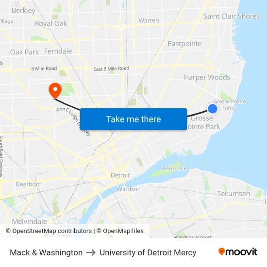 Mack & Washington to University of Detroit Mercy map