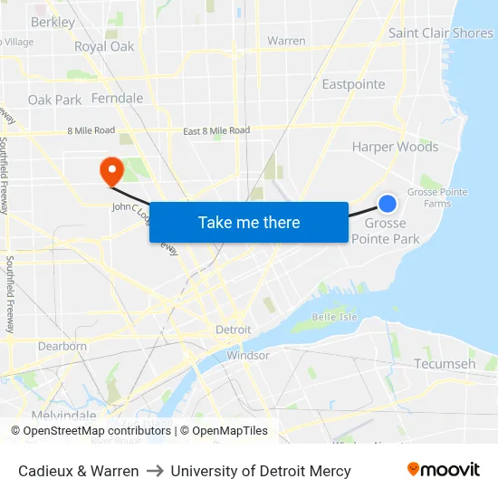 Cadieux & Warren to University of Detroit Mercy map