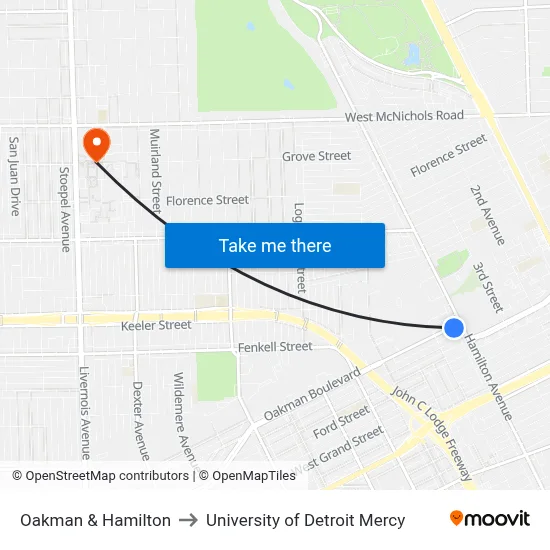 Oakman & Hamilton to University of Detroit Mercy map