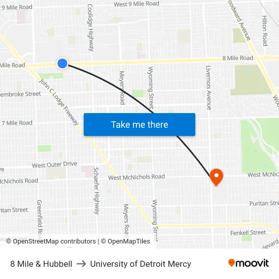 8 Mile & Hubbell to University of Detroit Mercy map